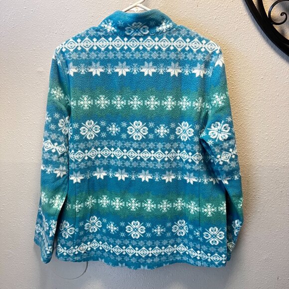 Talbots Womens Full-Zip Fleece Jacket L Snowflake Print Blue & Green - Picture 5 of 8